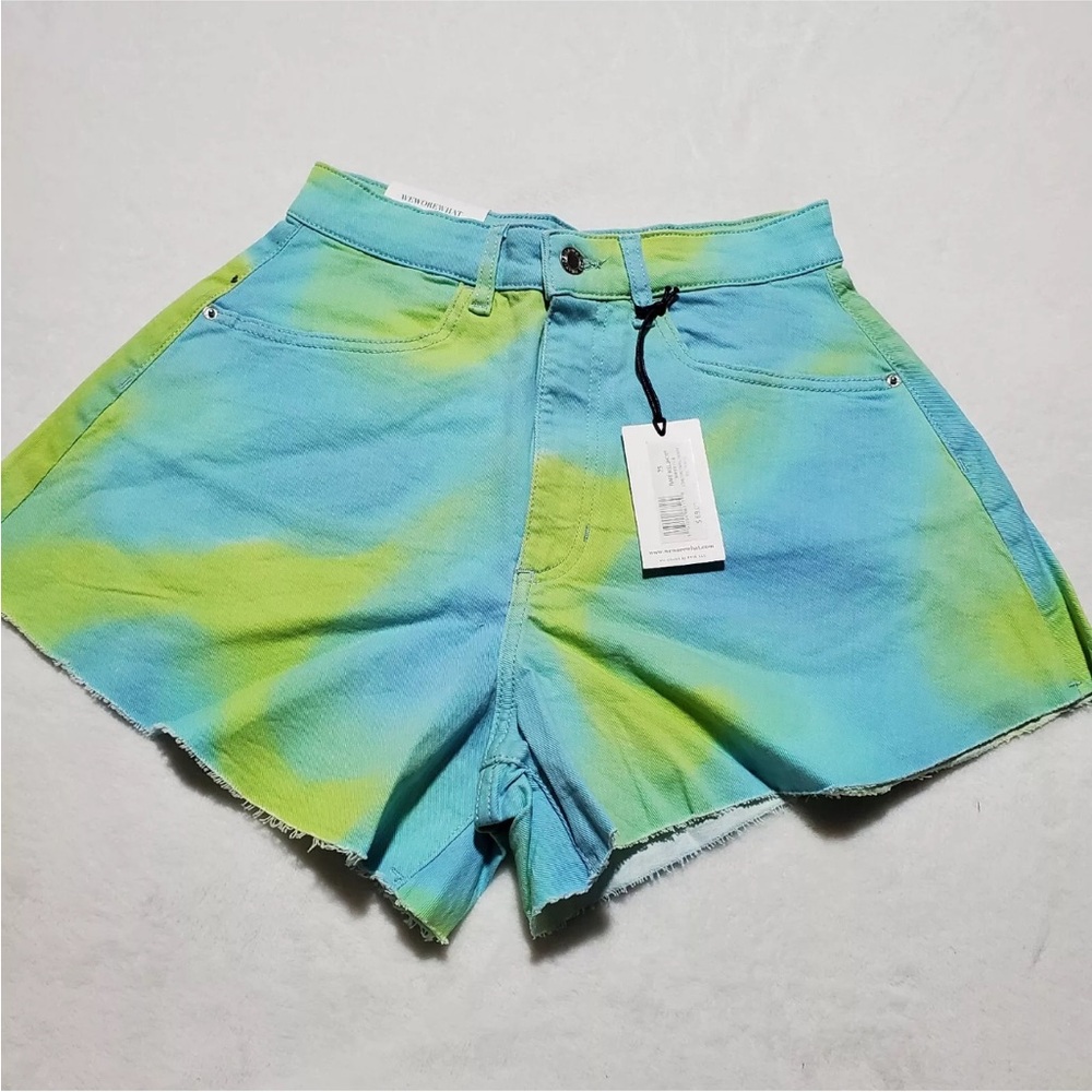 We Wore What Flare Bell Shorts Stretch Twill Denim Tie Dye High Rise Size 26 NEW